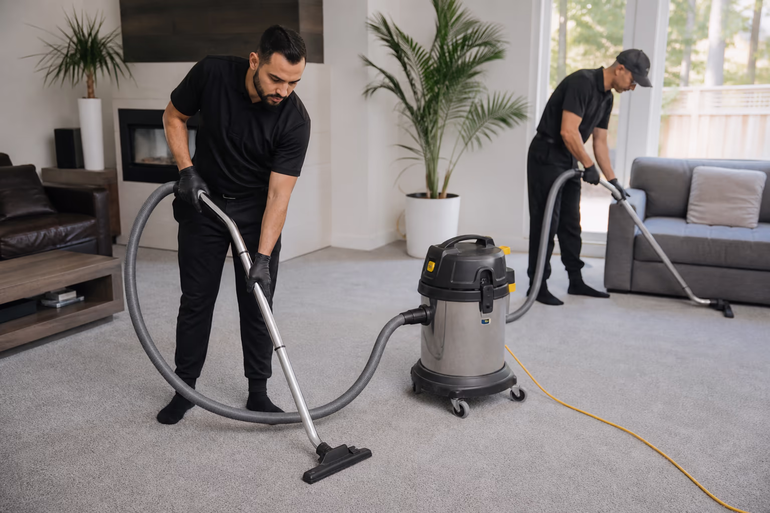 Two cleaners vacuuming a living room
