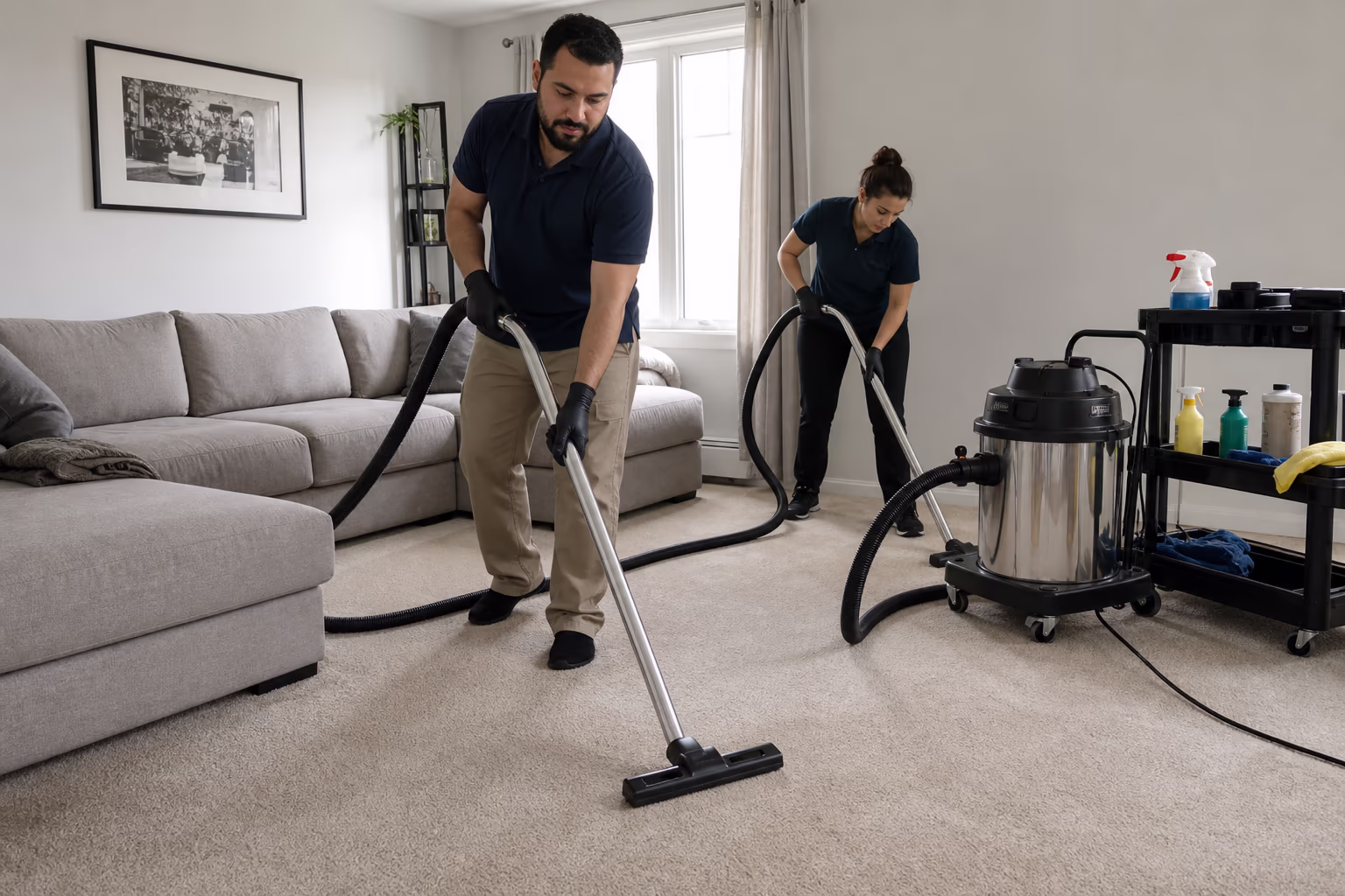 Two cleaners working a living room, one vacuuming the carpet beside a service trolley