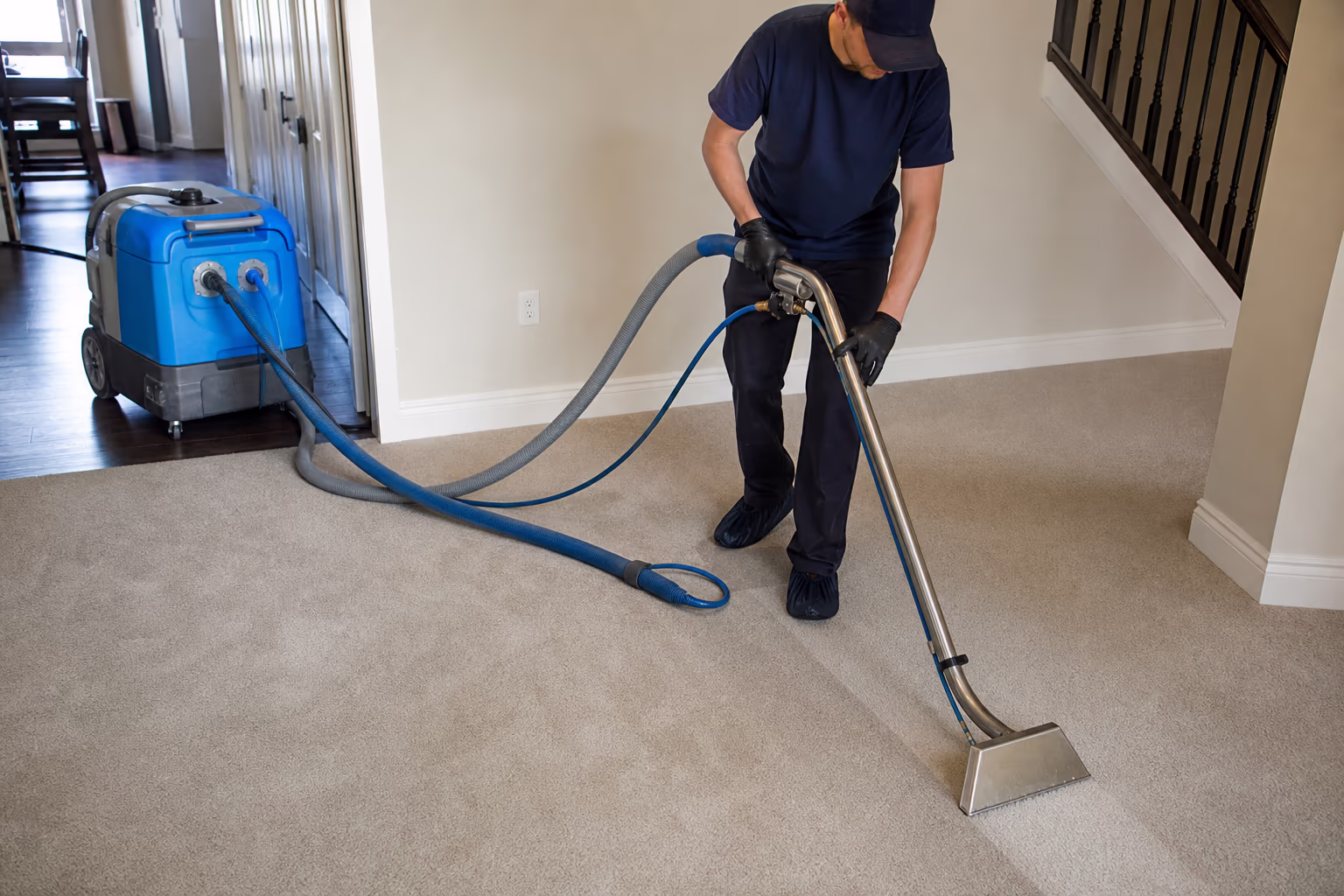 Professional carpet steam extraction cleaning in progress