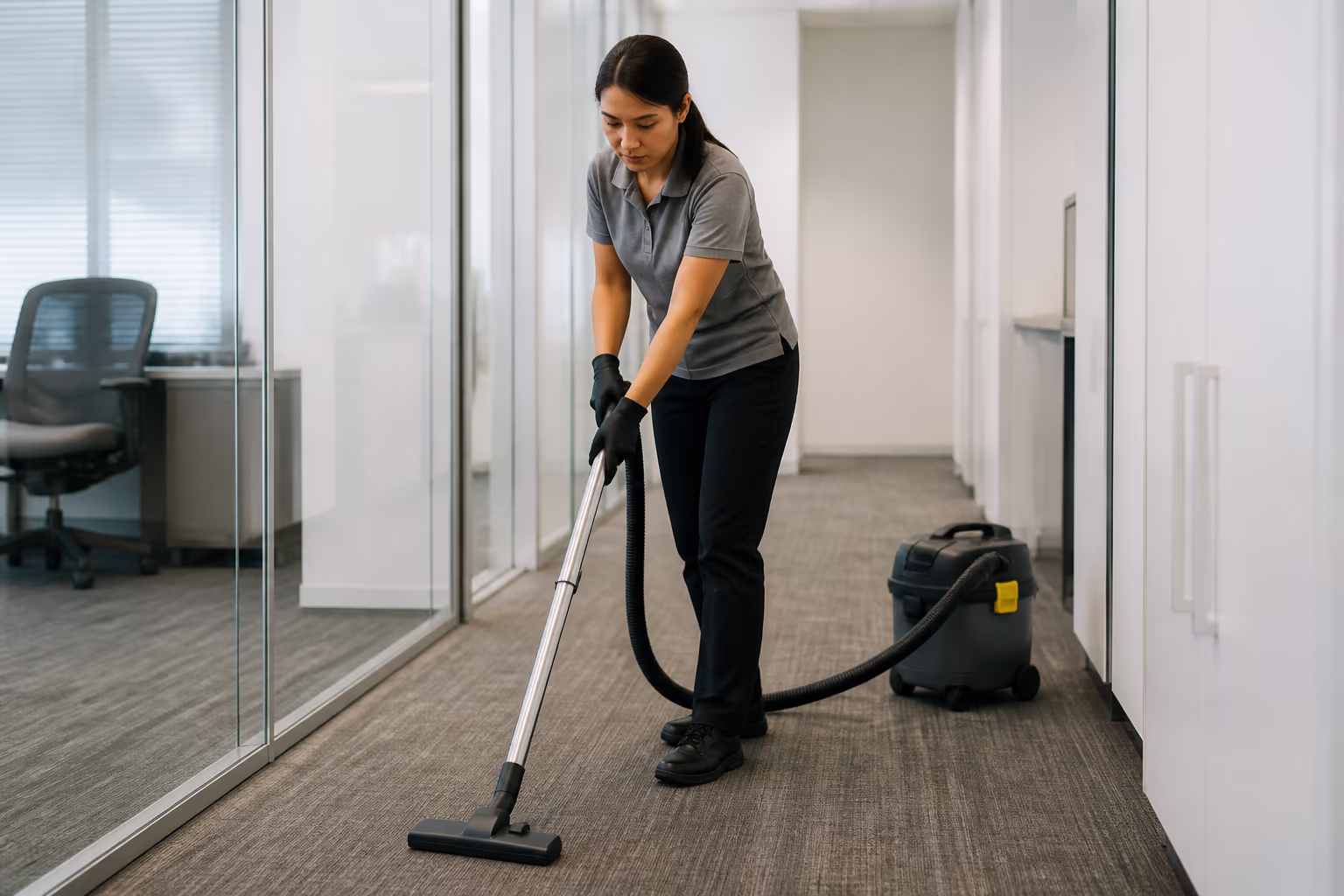 Cleaner in a deep-teal uniform vacuuming a bright office corridor