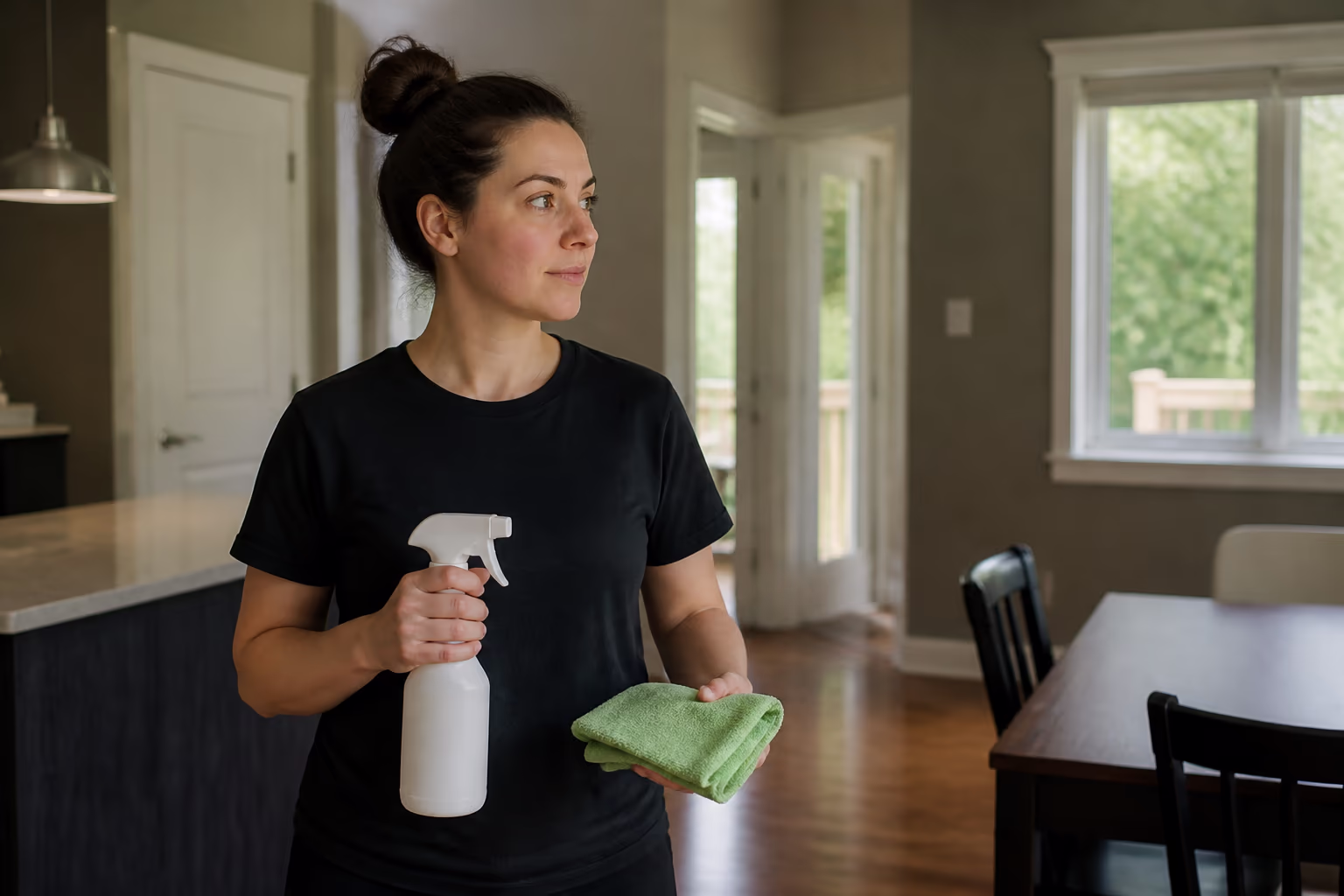 Cleaner holding a spray bottle and cloth in a home