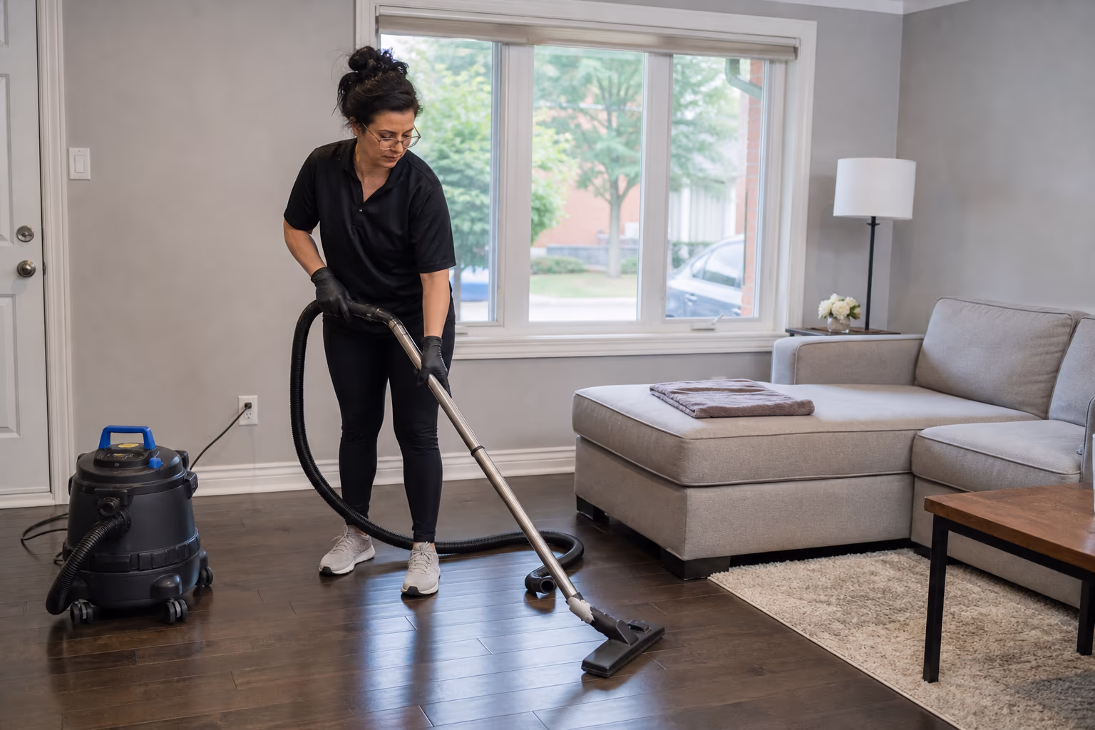 Cleaner using a professional backpack vacuum in a living room