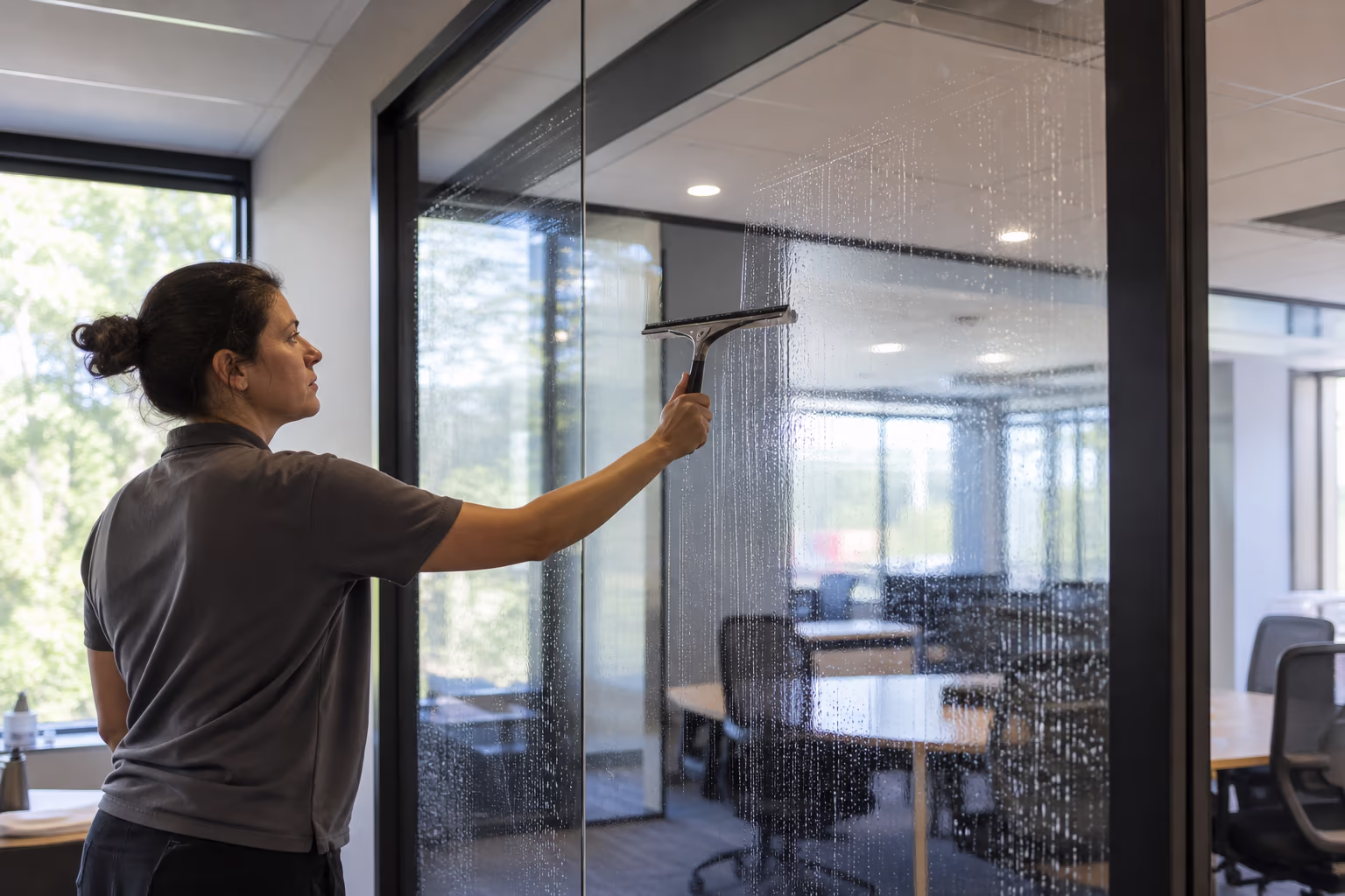 Cleaner washing glass in a modern office