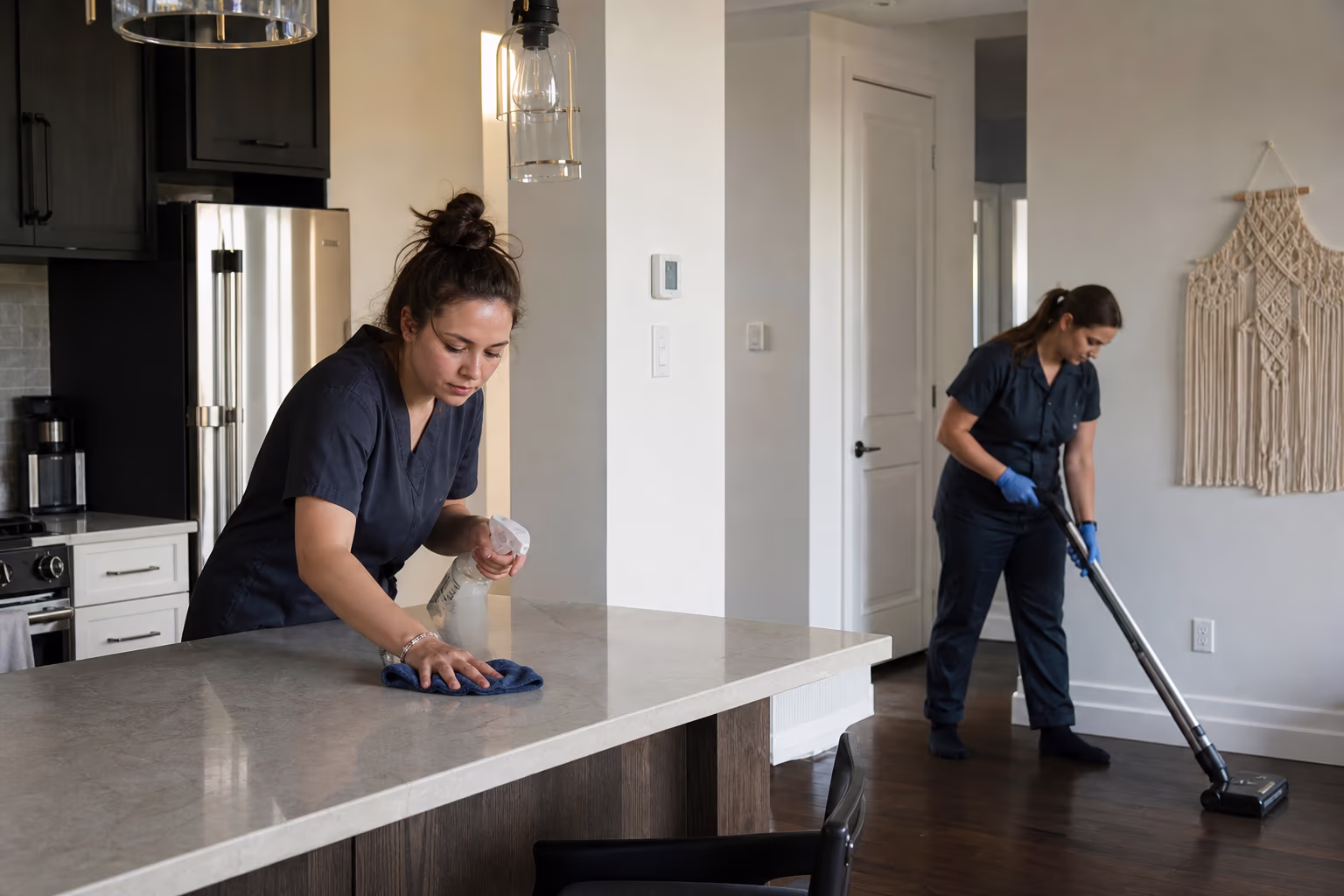 Two cleaners working in a bright contemporary home