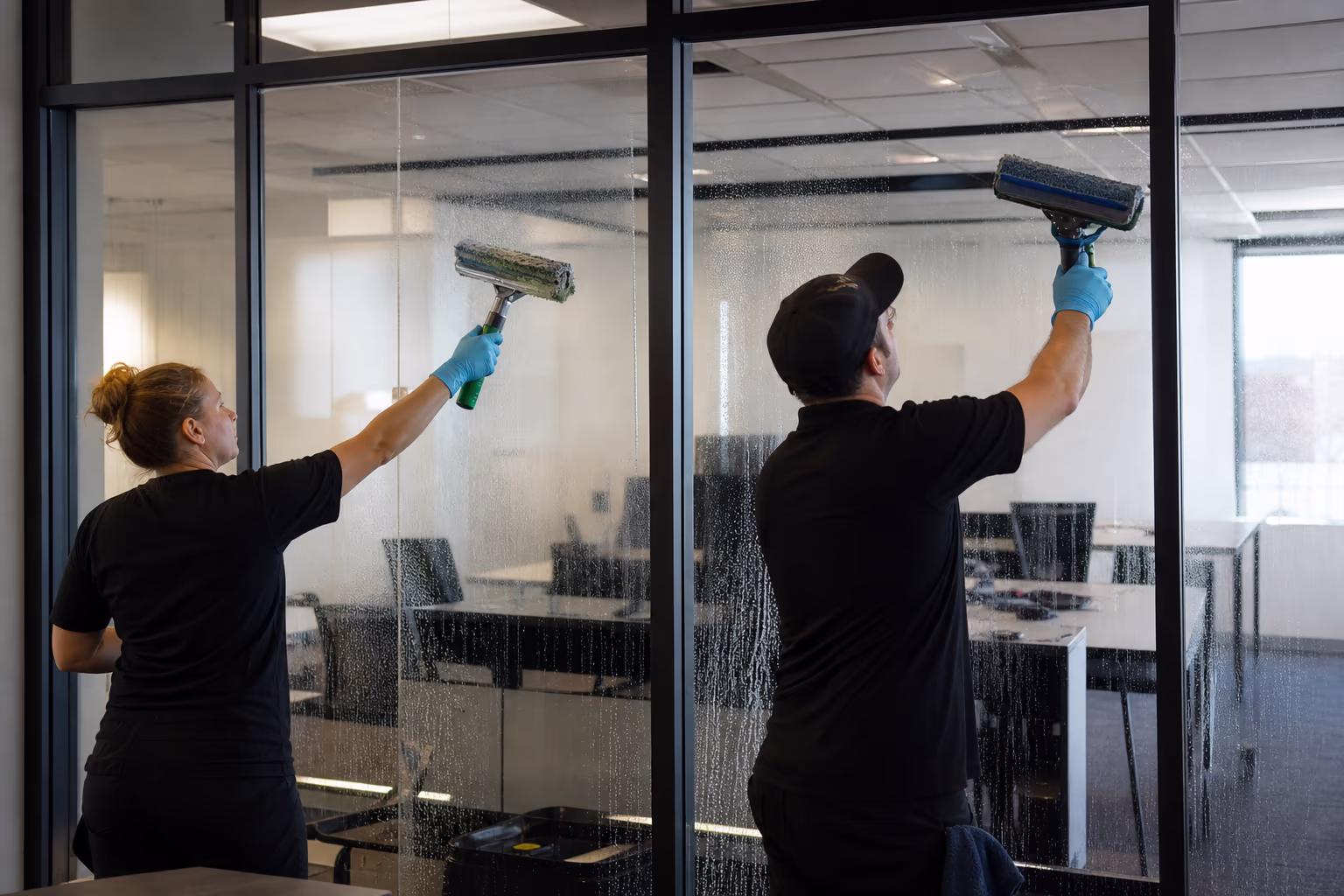 Two cleaners wiping the glass wall of an office