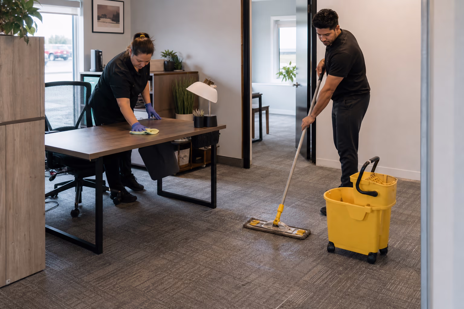 Two cleaners wiping a desk and mopping an office floor