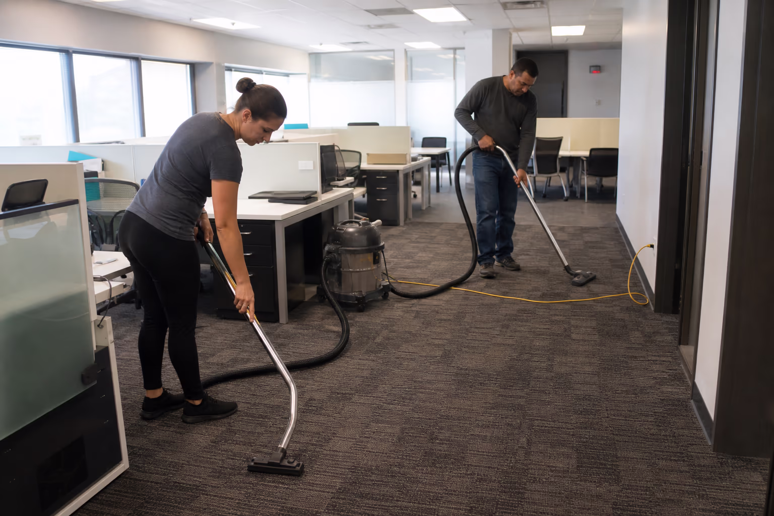 Two cleaners vacuuming between office workstations