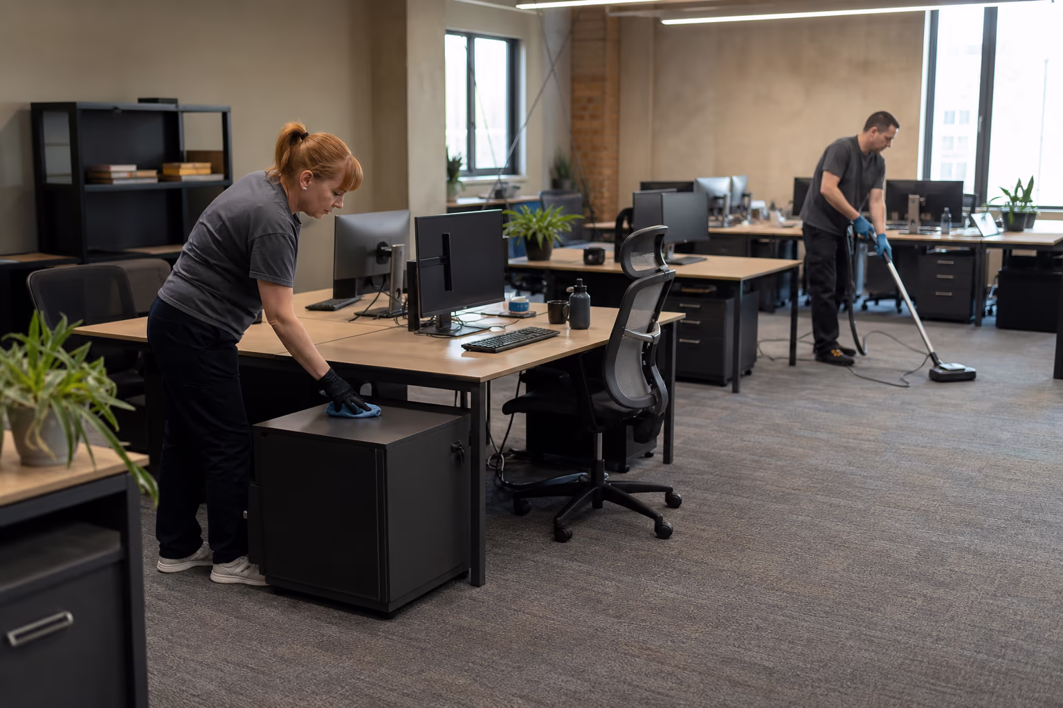 A group of cleaners working around desks in an office