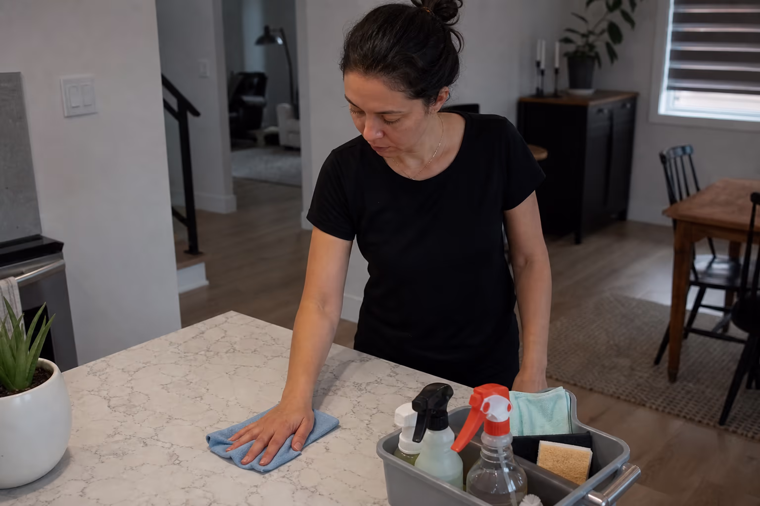 Cleaner holding a basin of cloths, sponges and spray bottles