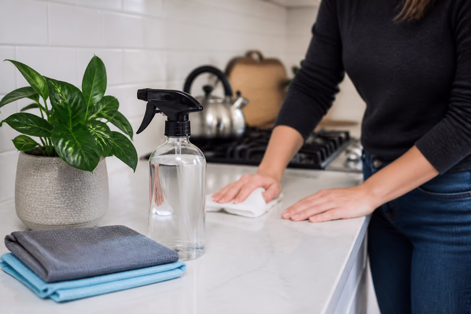Glass spray bottle of pale green plant-based cleaner beside folded green cloths and a basil plant on a bright kitchen counter