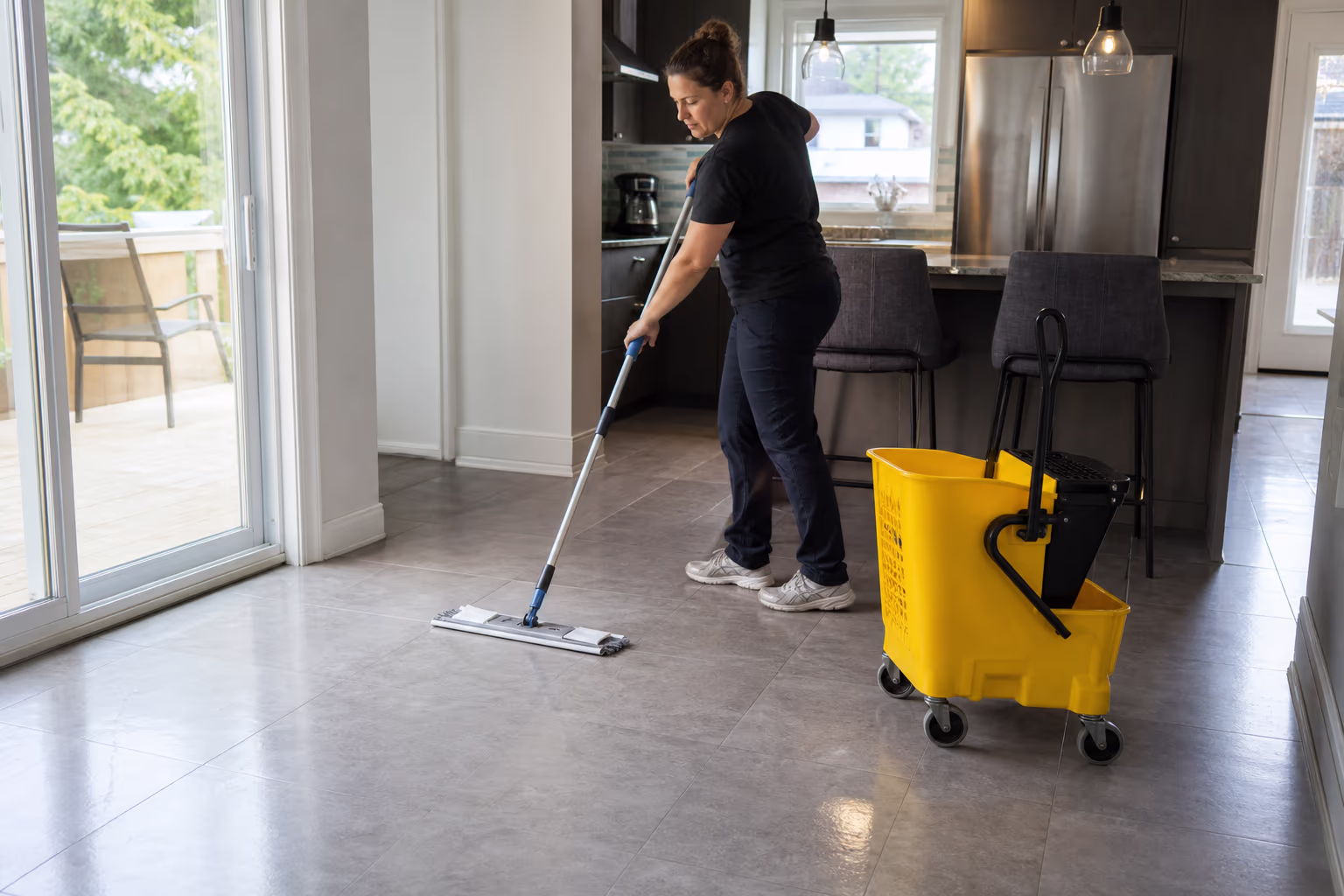 A commercial microfiber flat mop and wheeled wringer bucket on a clean resilient floor.