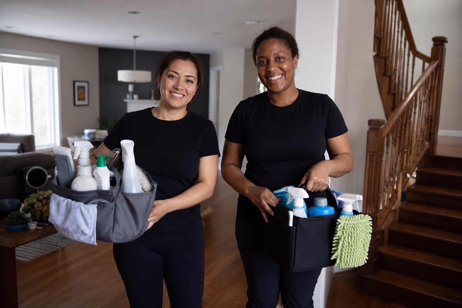Two housekeepers holding cleaning supplies in a home