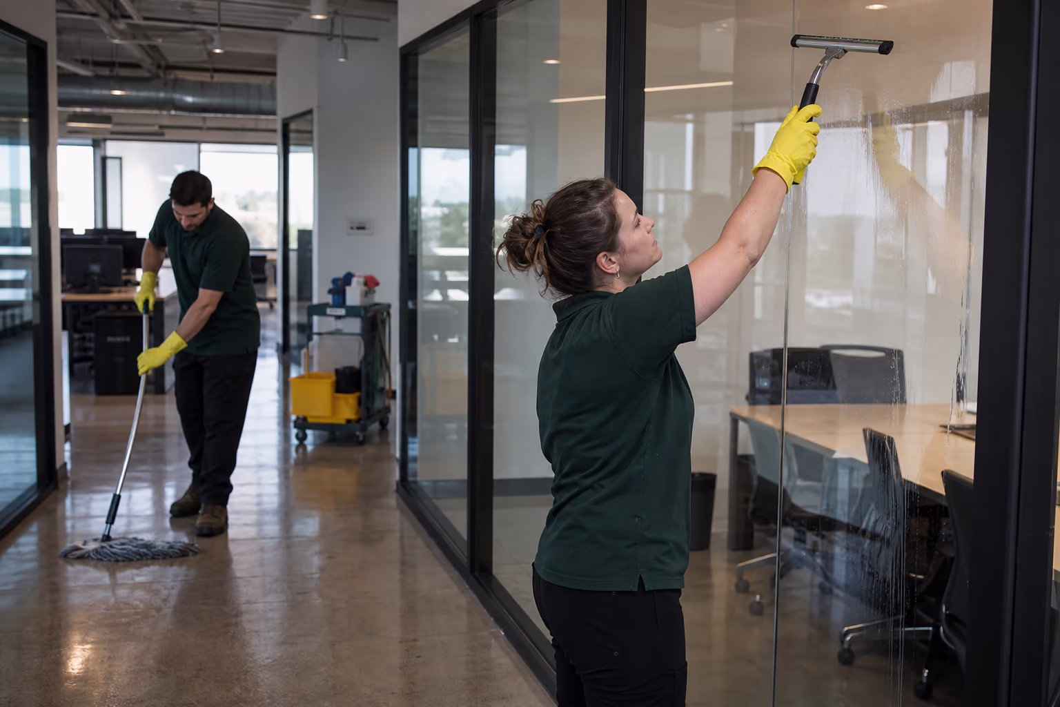 Two cleaners in green shirts and yellow gloves wiping a desk and mopping the floor of a glass-walled office