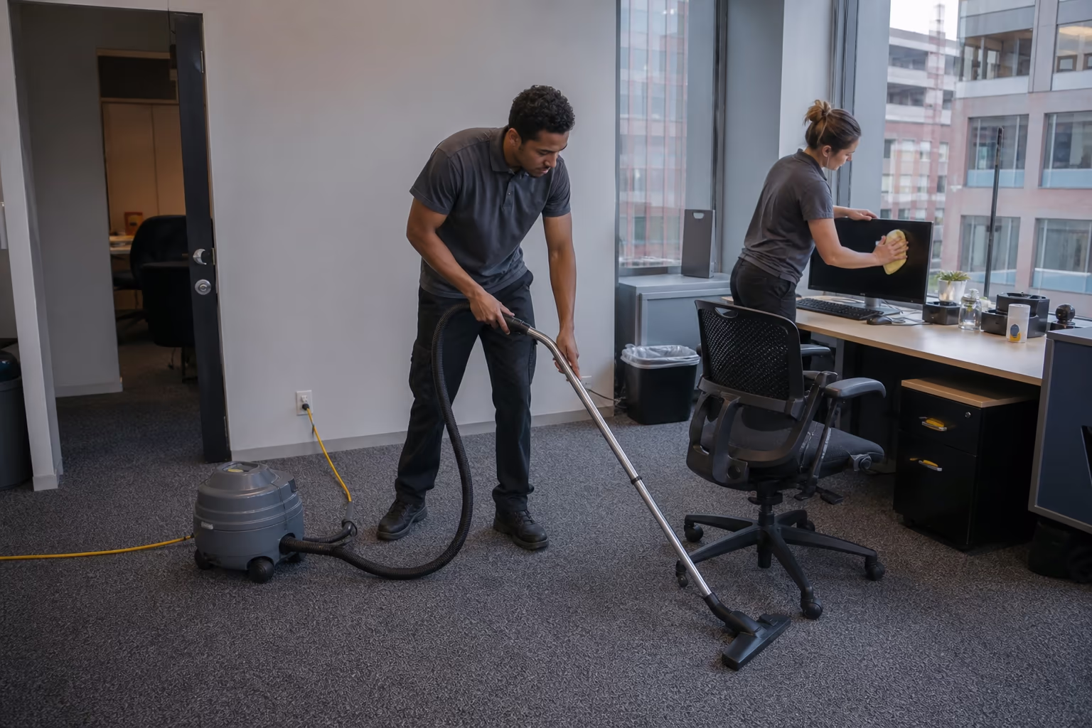 One cleaner vacuuming a carpeted open-plan office while another wipes a monitor