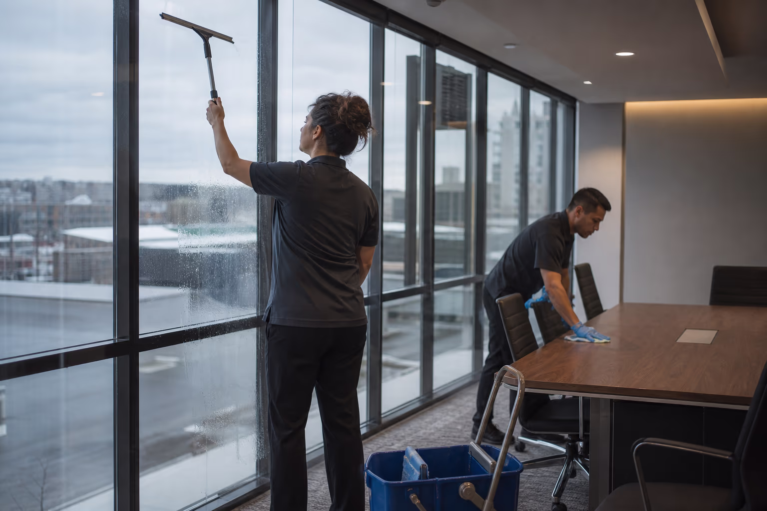 Two cleaners working a floor-to-ceiling office glass wall and boardroom table