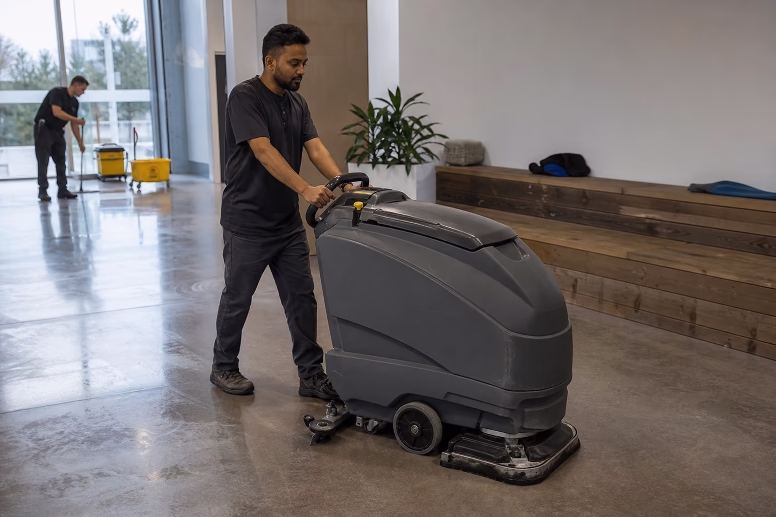 Operator walking a ride-behind floor scrubber across a hard floor