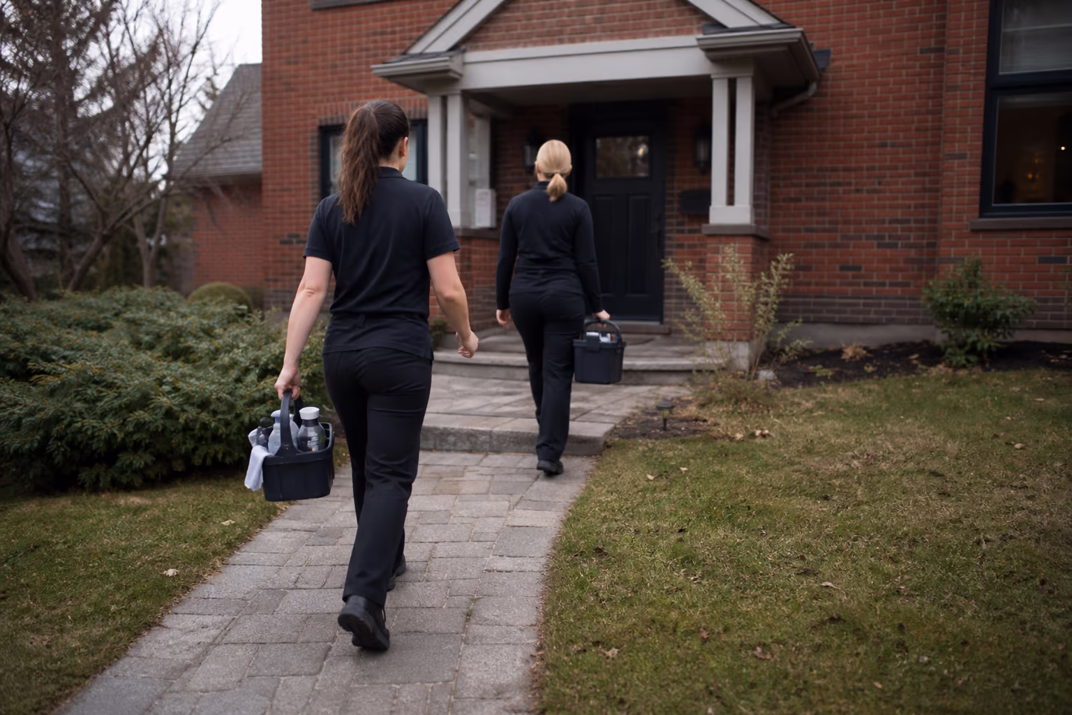 Two cleaners smiling at the camera outside an Ottawa brick home, one wheeling a supply bin and the other holding a microfiber cloth.