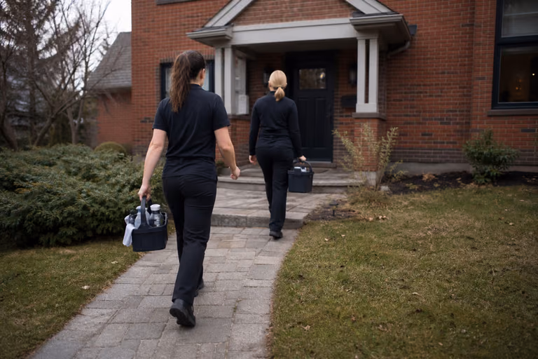 Two cleaners smiling at the camera outside an Ottawa brick home, one wheeling a supply bin and the other holding a microfiber cloth.