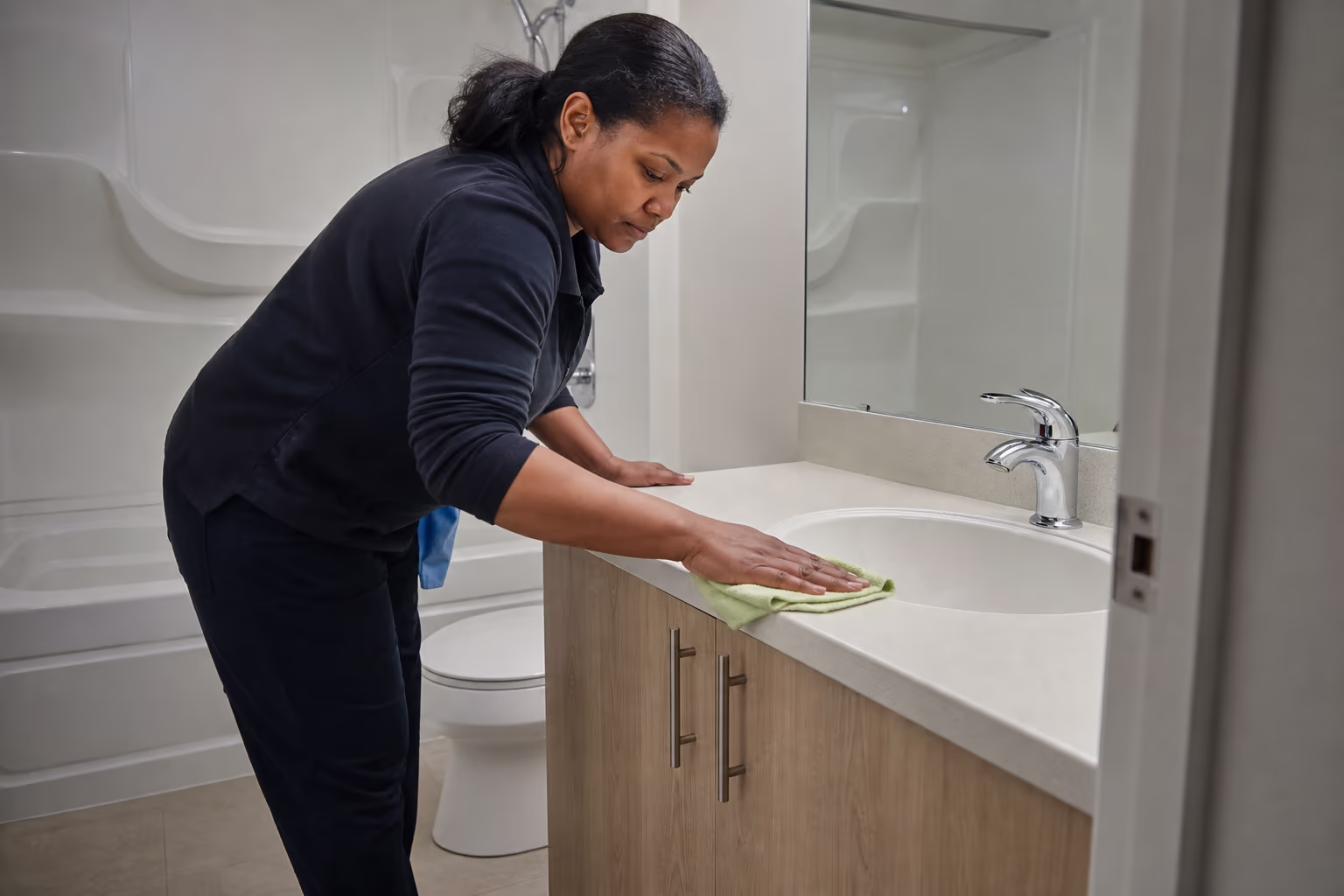 Cleaner wiping a bathroom vanity and mirror during a turnover clean