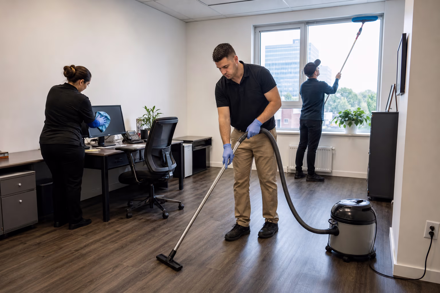 Three cleaners in an office: one vacuuming the floor, one wiping a monitor, one washing a window with a pole