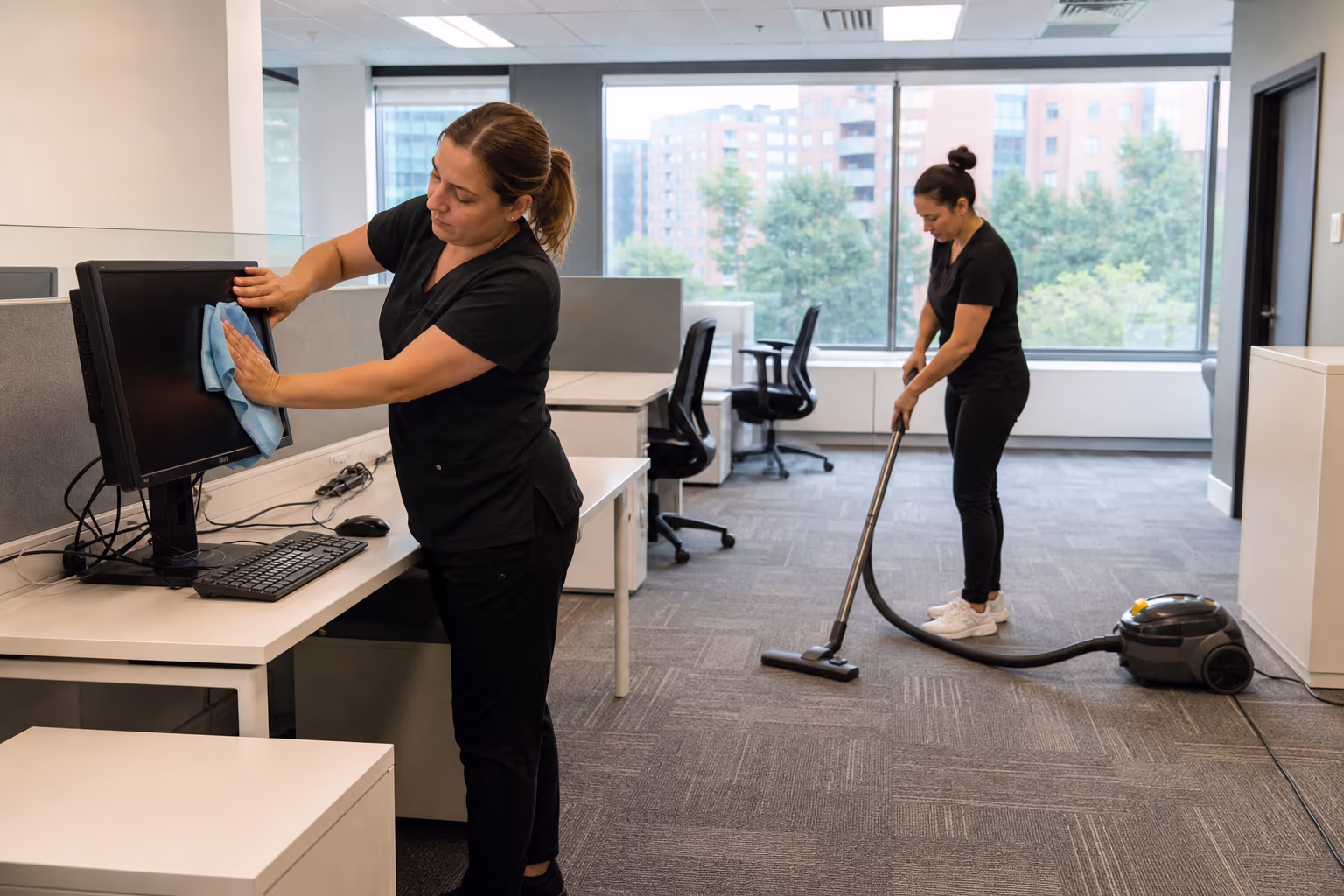 One cleaner wiping a monitor in an open-plan office while another vacuums between the desks