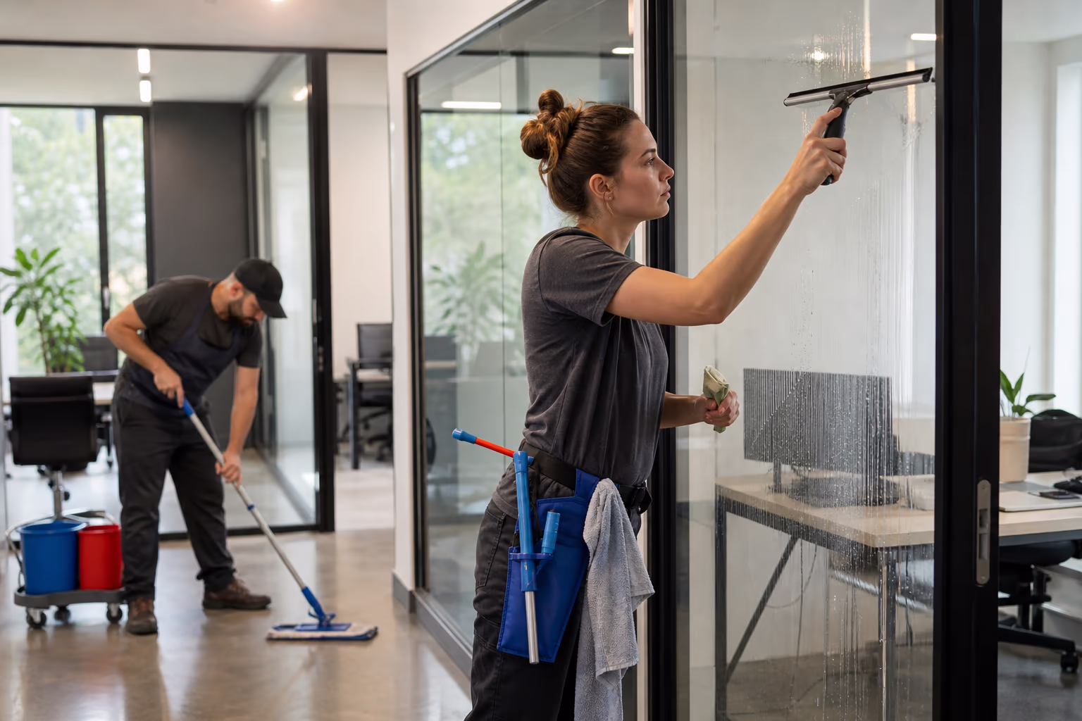 Two cleaners working an empty glass-walled office, one wiping a desk and one mopping the floor