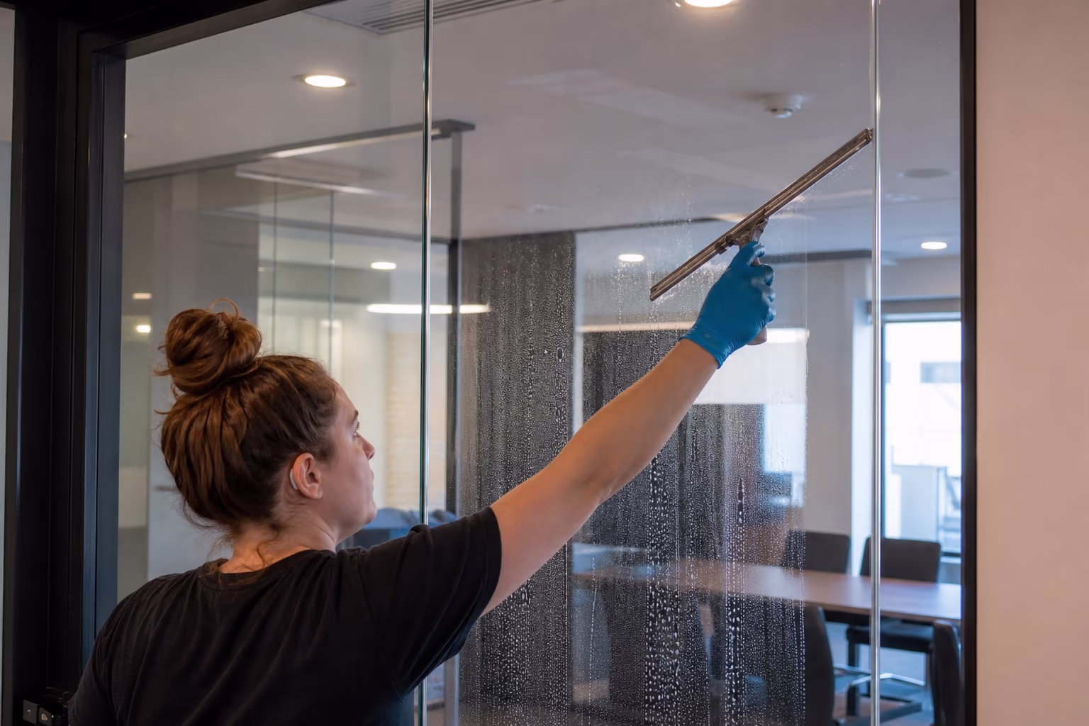 Cleaner drawing a squeegee down a full-height glass wall in a bright office