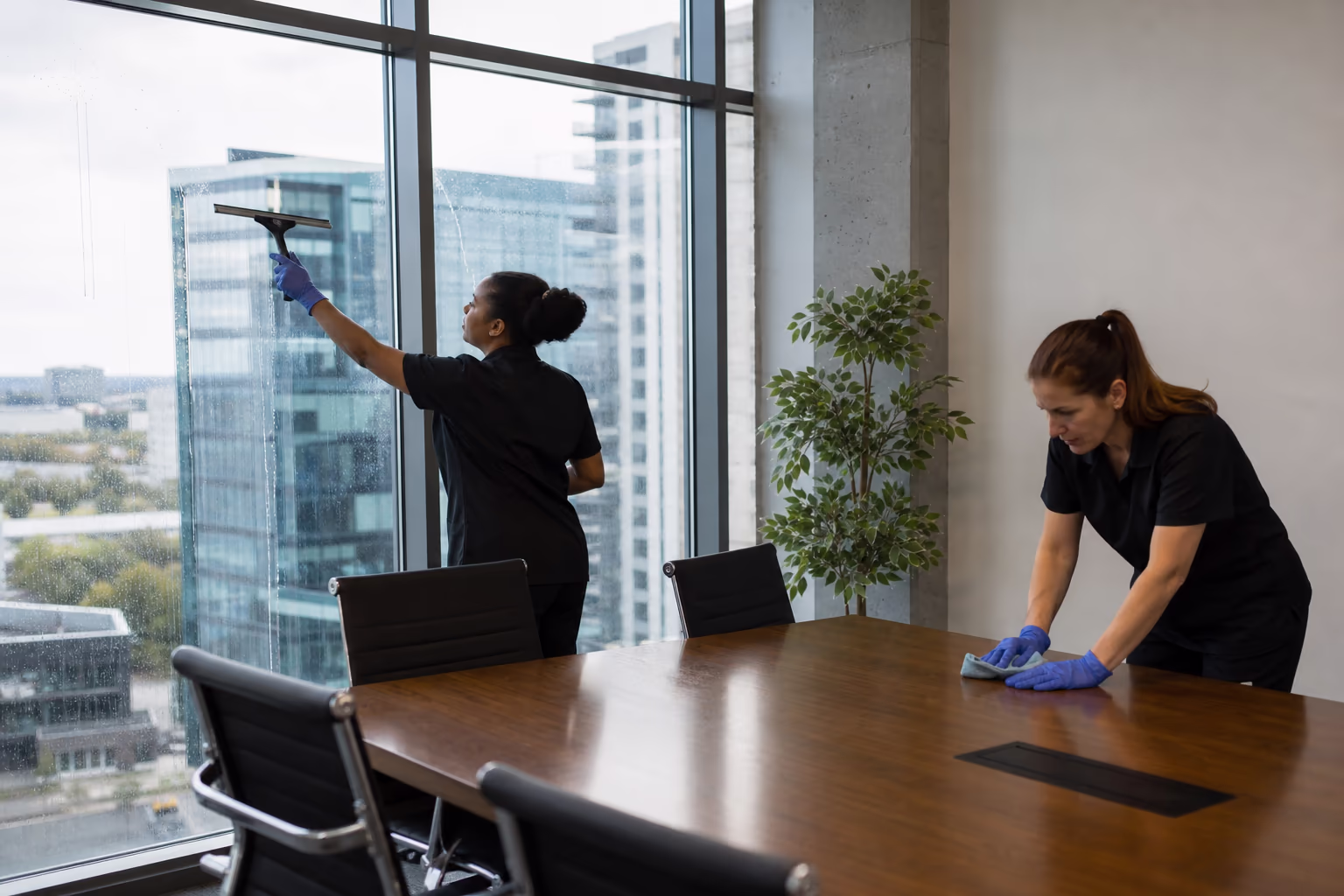 Two cleaners working a floor-to-ceiling office glass wall and a boardroom table