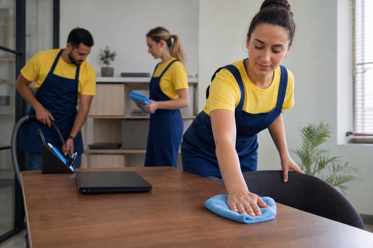 Three cleaners in yellow shirts and blue aprons in a bright room, one holding a folded cloth