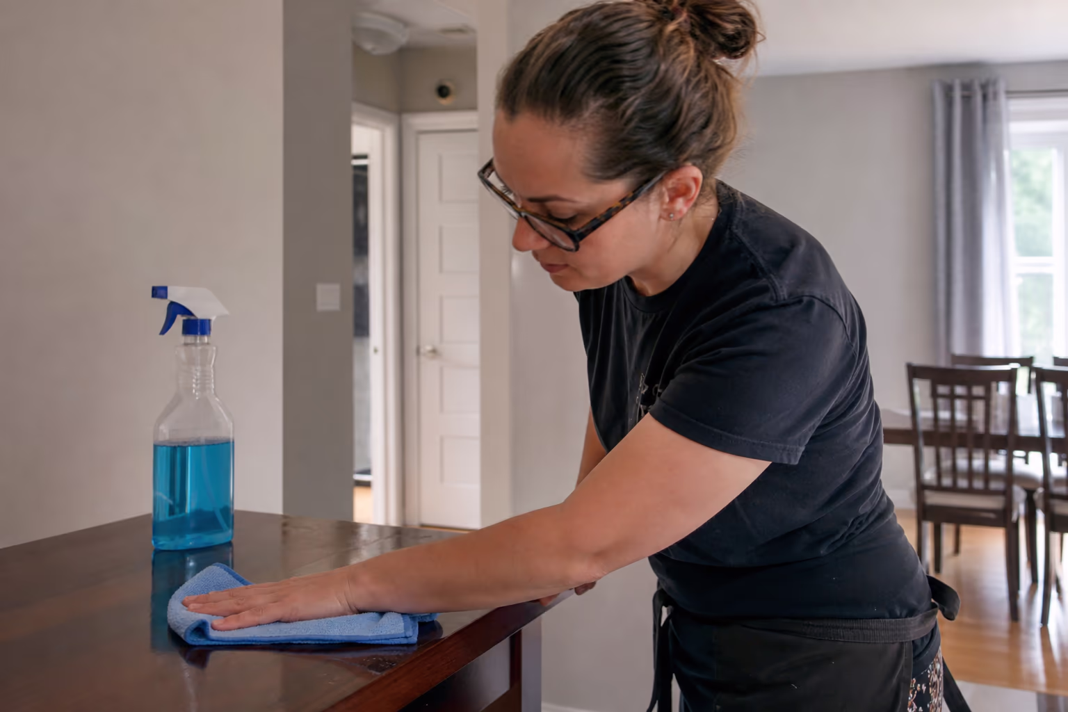 Cleaner holding a spray bottle and cloth while working in a home
