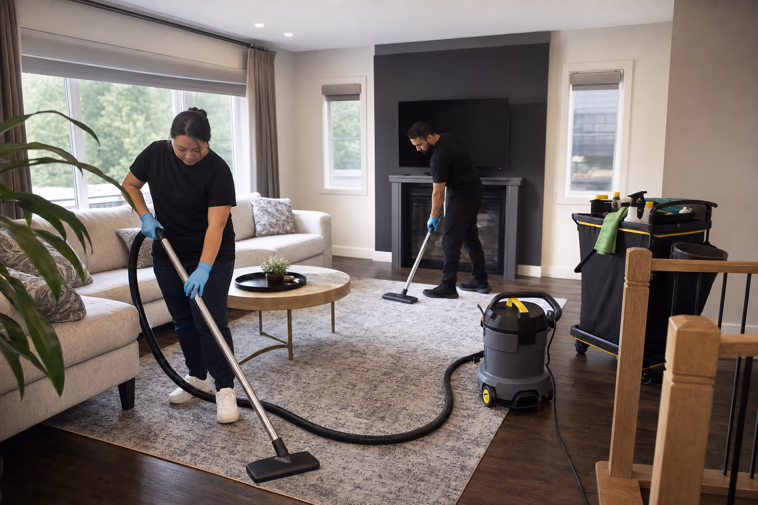 Two cleaners working a bright living room, one vacuuming the rug while the other clears the far side