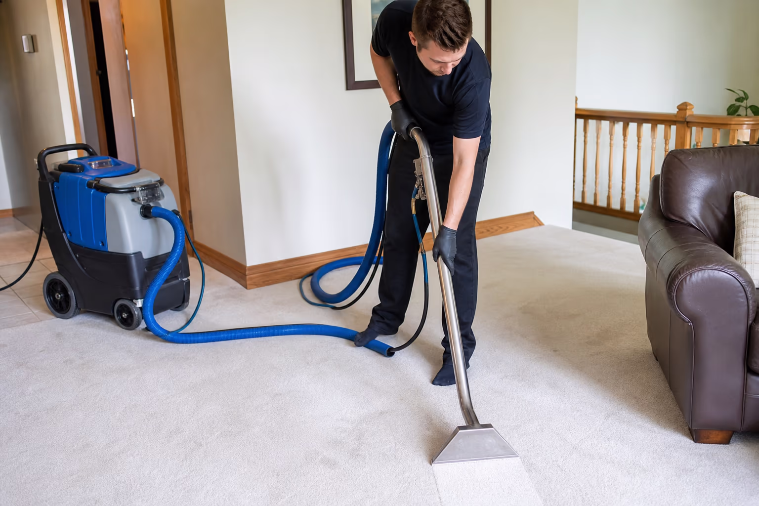 Steam cleaning technician running a hot-water extraction machine across a light carpet in a bright living room
