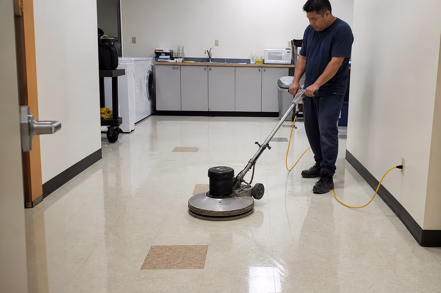 Freshly waxed VCT floor with a glossy finish