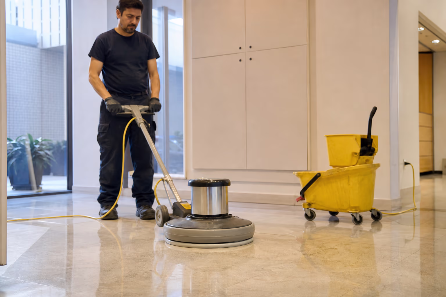Mop and wheeled bucket on a polished floor
