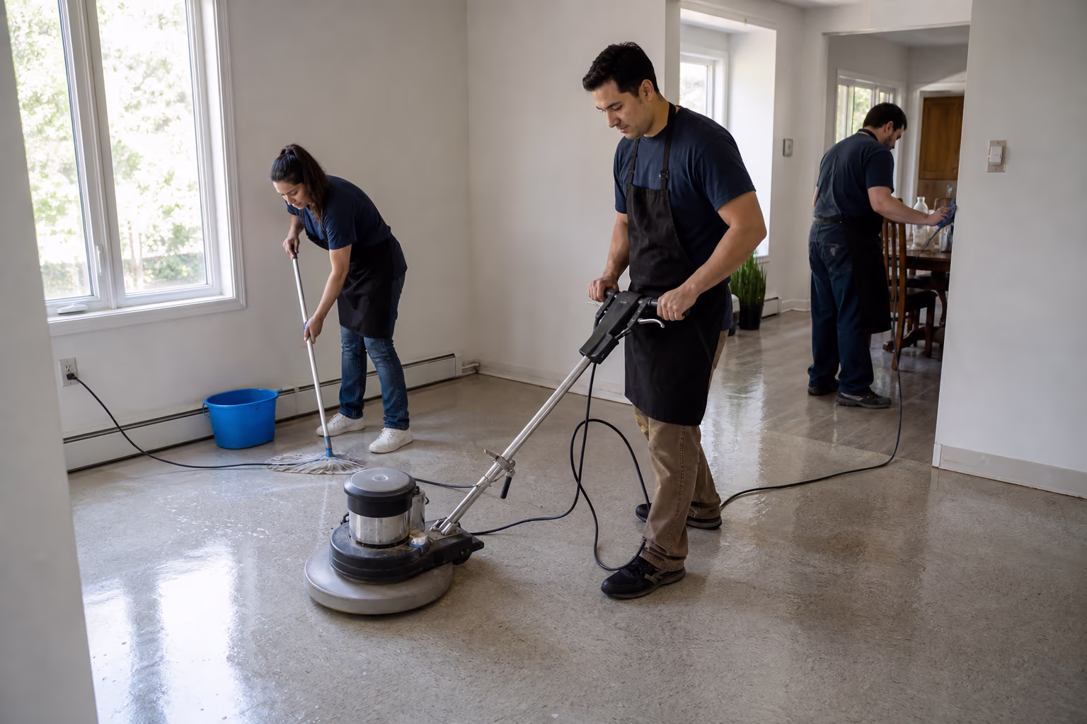 Three cleaners in aprons inside a bright room
