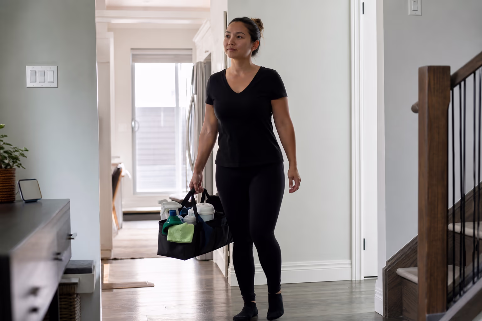Cleaner carrying professional supplies through a modern home