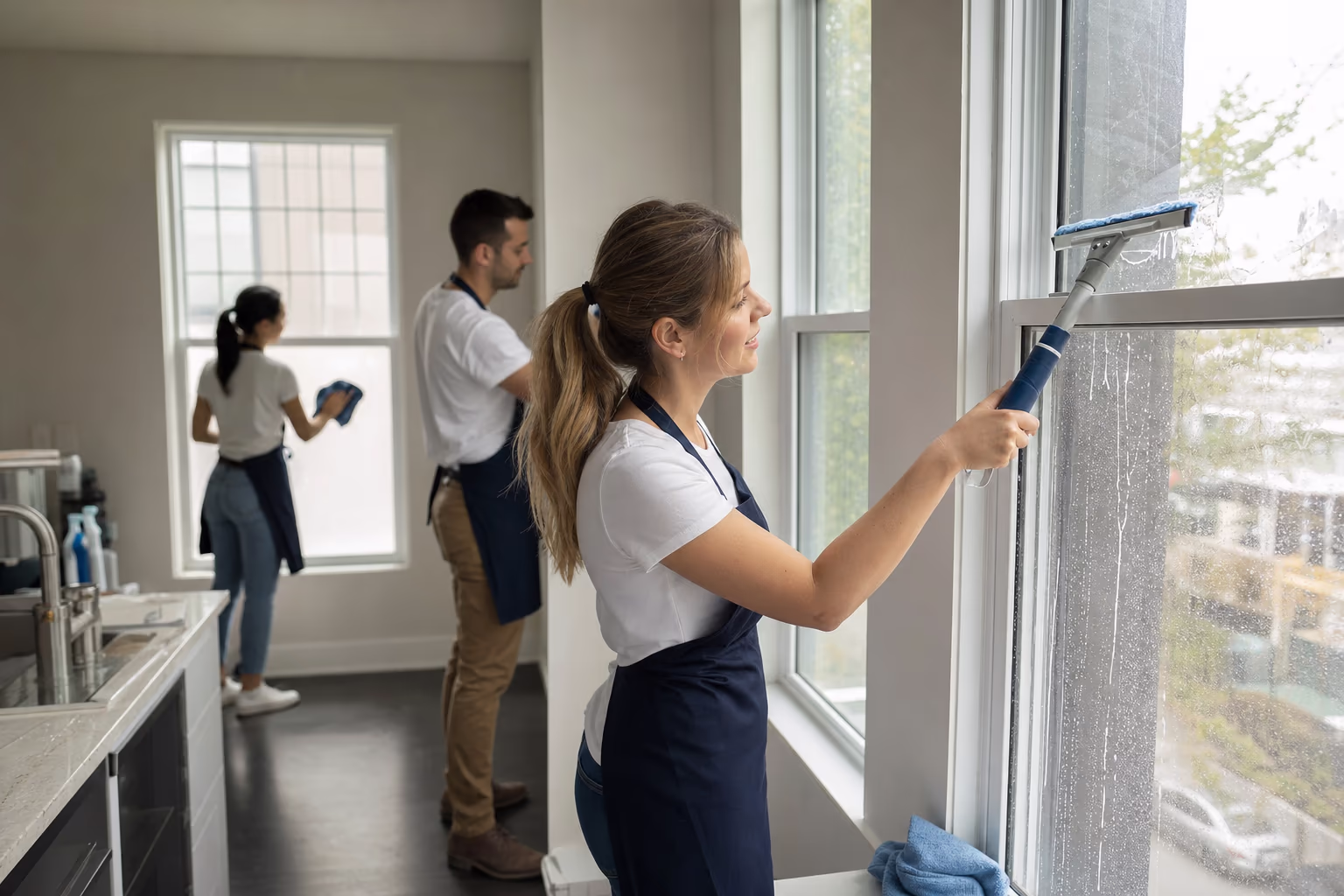 Three cleaners in aprons inside a bright room